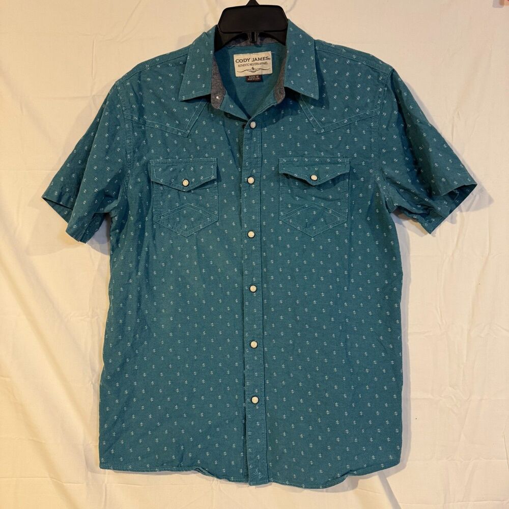 Cody James Western Shirt Mens Medium Teal Blue Geometric Pearl Snap Short Sleeve